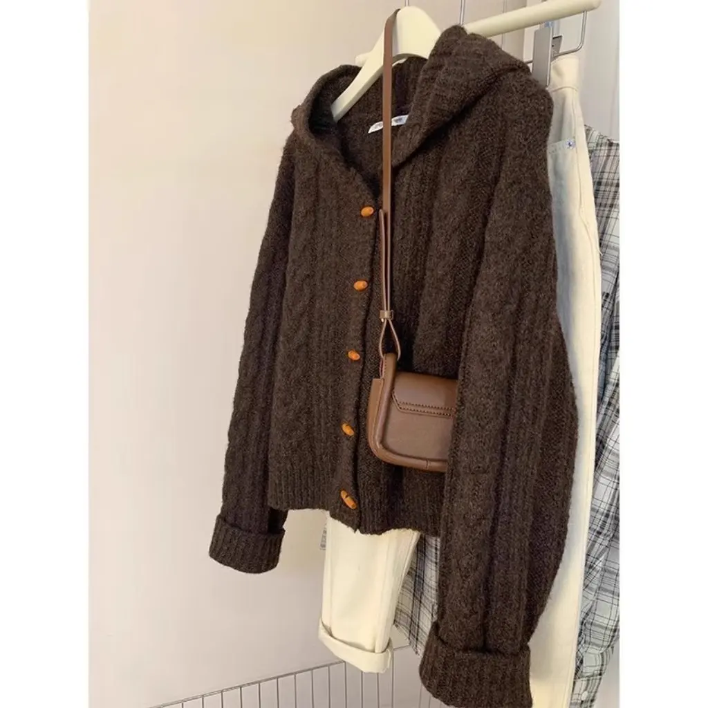 

Women's Hooded Cardigan Sweater Maillard Horns Buckle Soft Waxy Twist Knitted Coat Gentle Wind Spring Autumn Top Outer Wear