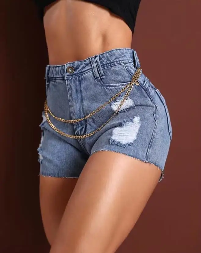 

Women's Shorts 2024 Summer Fashion Chain Decor Ripped High Waist Zipper Pocket Design Casual Skinny Denim Shorts Y2K Streetwear