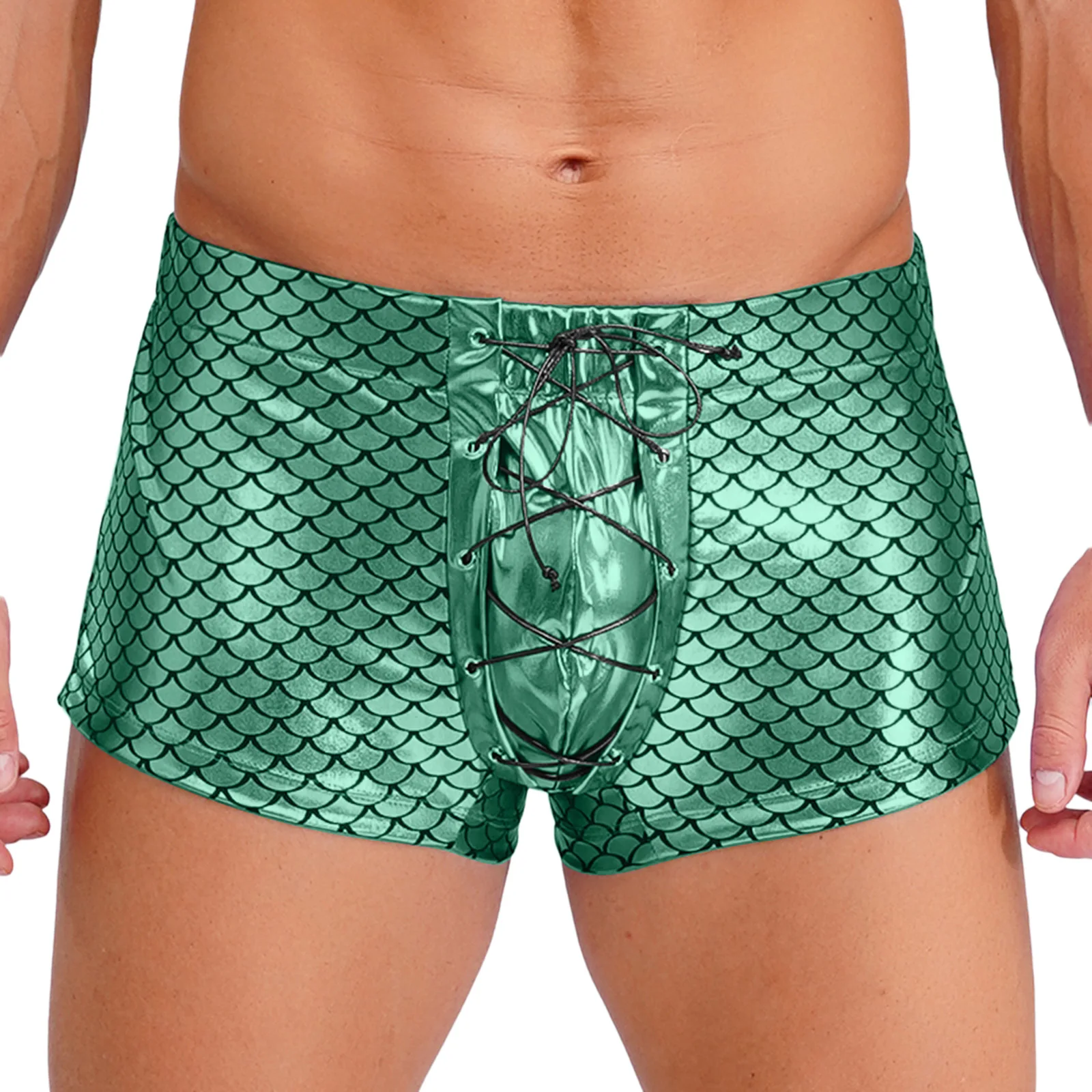 

Summer Swimming Pool Beach Trunk Shorts Men Stylish Fish Scale Mermaid Print Boxer Panties Skinny Bugle Pouch Lace-up Underwear