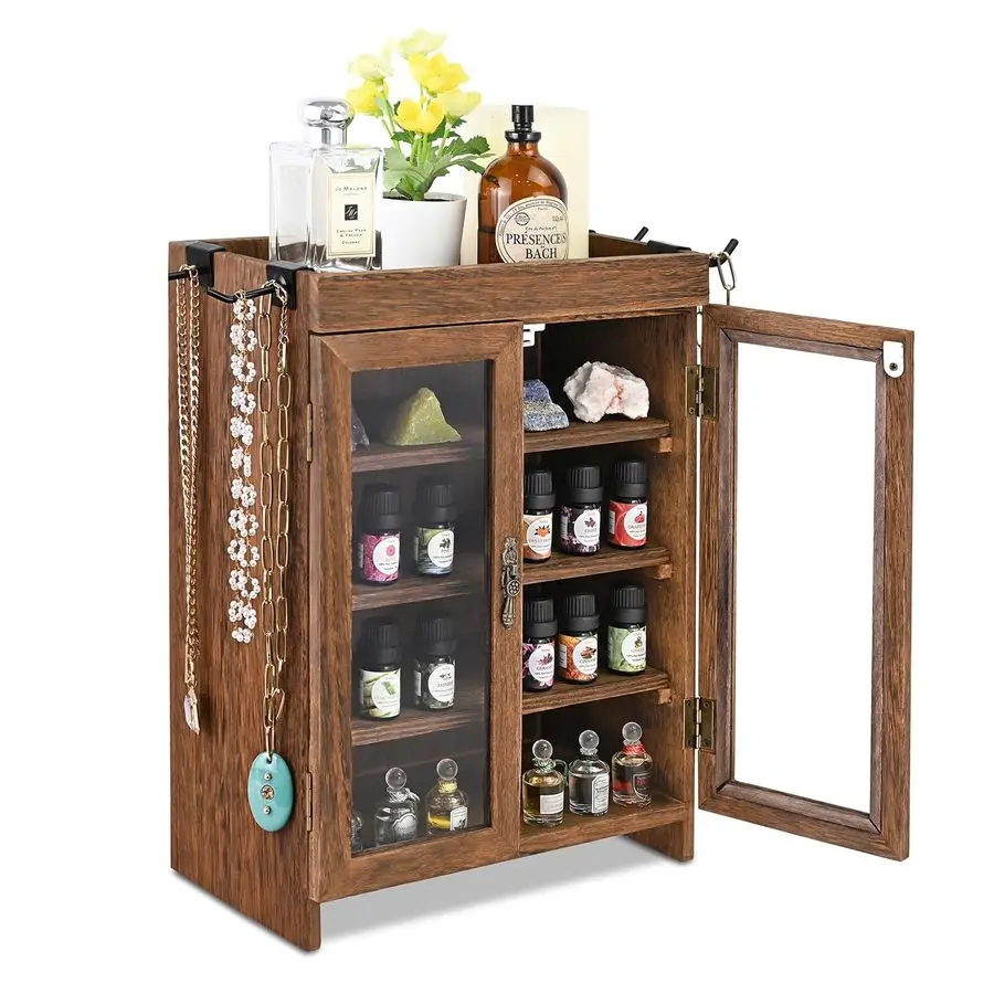 

Небольшой деревянный настольный шкафчик для хранения с регулируемыми полками и съемными крючками, идеально подходит для парфюмерии, кухонных принадлежностей, эфирных масел.