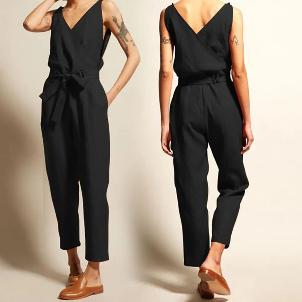 Lady Jumpsuit Solid Color Loose Type Sleeveless Deep V Neck Lace-up Jumpsuit Summer Romper Female Clothes Playsuits Bodysuits