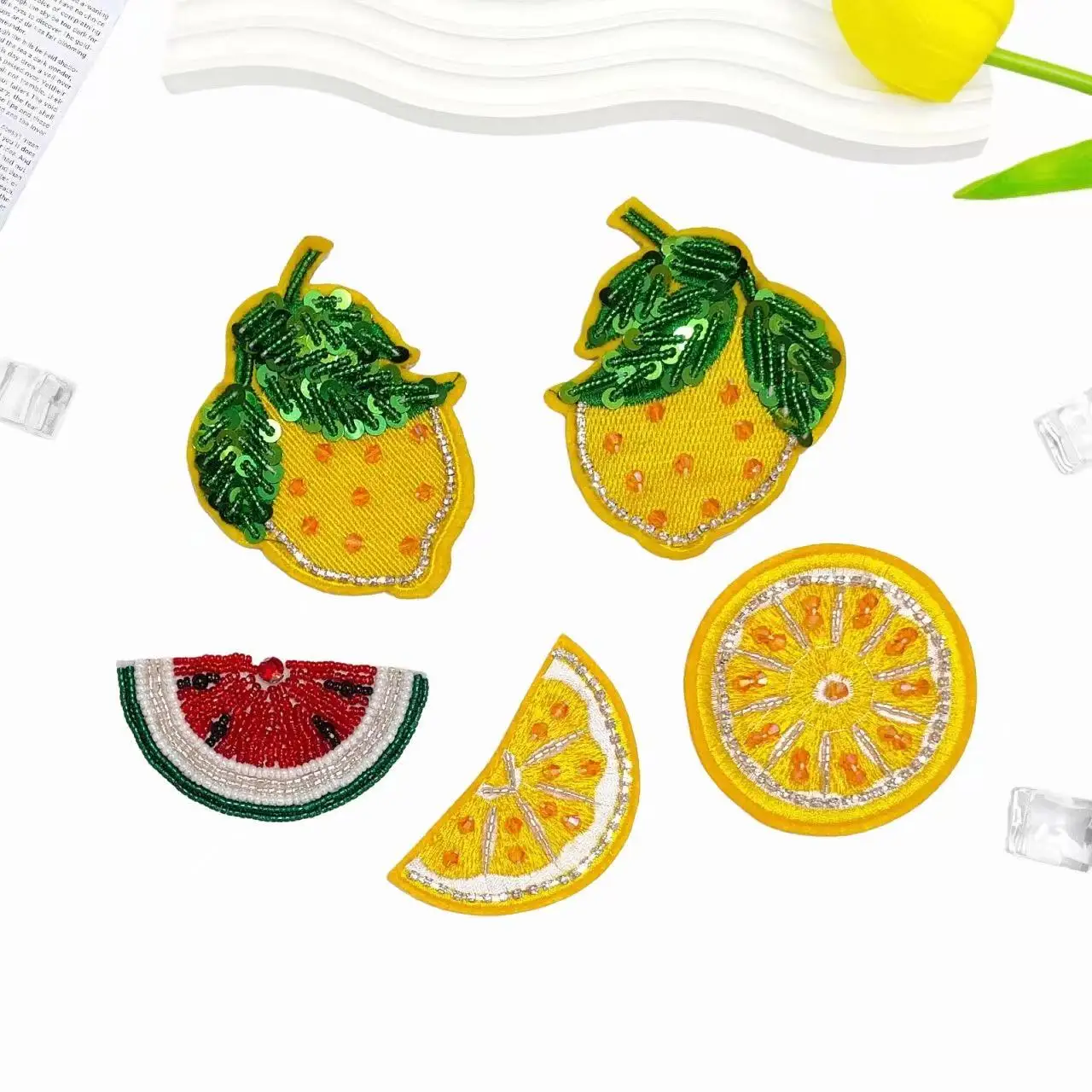 Cartoon Watermelon Lemon Iron On Embroidery Sequin DIY Handmade Bead Cloth Patch for Bag Decoration Clothing Accessories