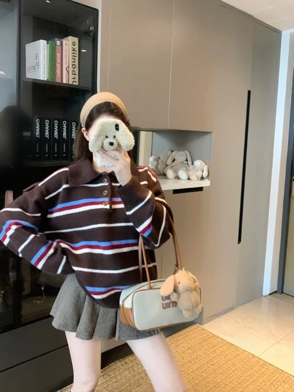 

Soft Casual Striped Ne Long Sve Knitted Sweater Women's Loose Lazy Sle Autumn New Arrival 2025 Comfortable Knitwear