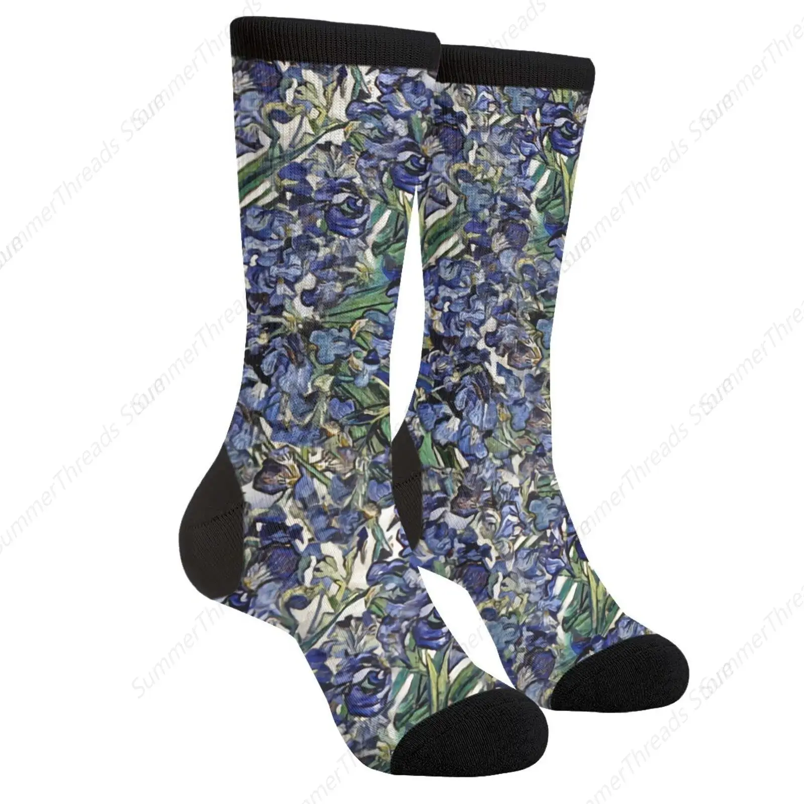 Purple Iris Men Women Funny Crazy Novelty Crew Tube Socks, Casual Athletic Sport Dress Blue Pigeon Bird White Socks