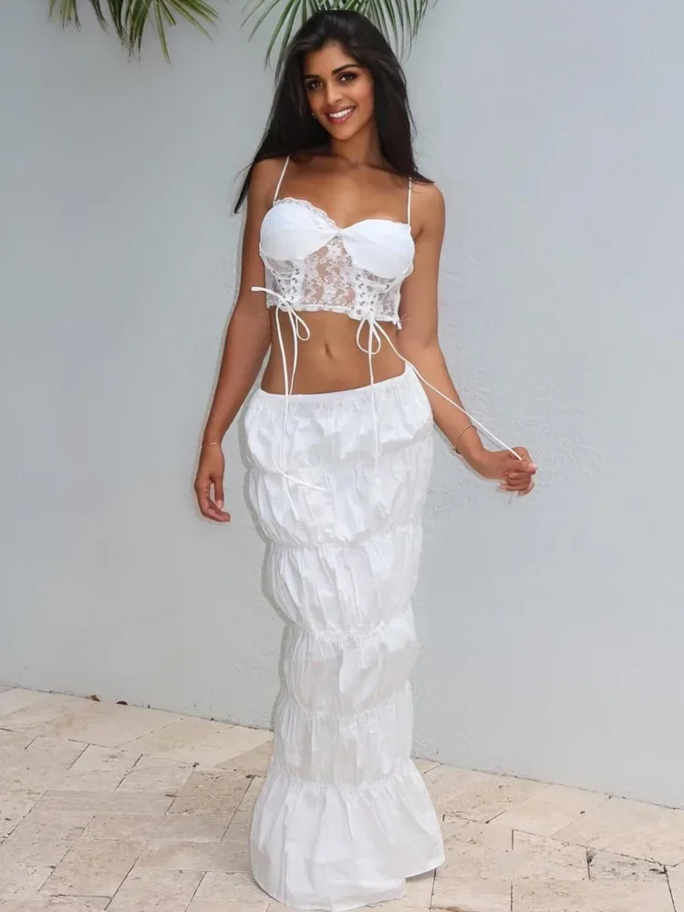 Fashion Pleated Skirt Two Piece Sets Women Sleeveless Crop Tops And Long Skirt Femme Solid Lace-up Two Piece Sets