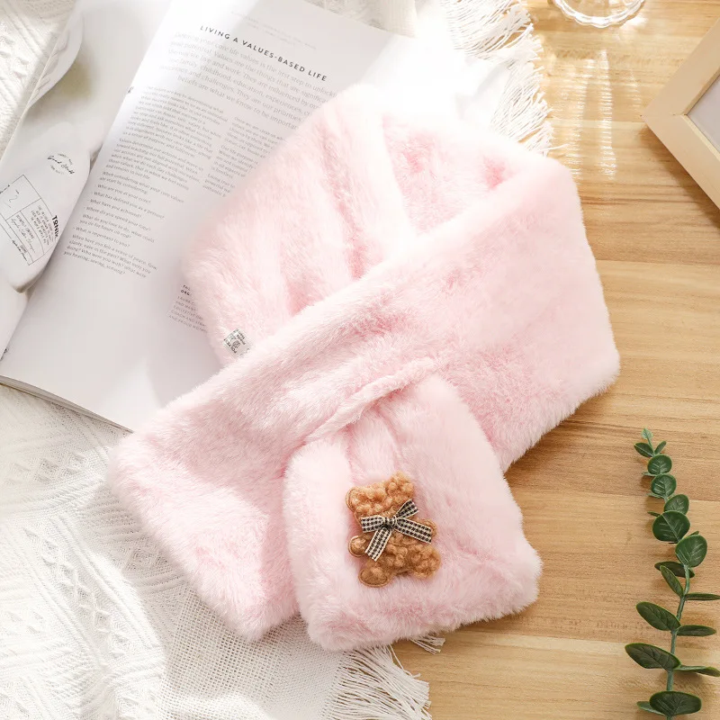 Korean Cute Bear Faux Rabbit Fur Pearl Thicken Collar Cross Plush Scarf Women's Winter Outdoor Neck Protection Warm Shawl V86