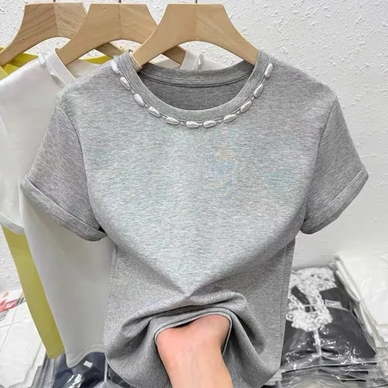 Summer Women's T Shirt Crew Neck Pearl Trim Rolled Short Sleeve Slim Cotton Blend Casual Tops