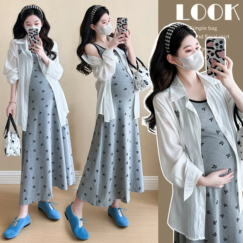 

Платье для беременных в корейском стиле 2025 года, летнее платье с мультяшным принтом, солнцезащитный чехол, комплект из двух предметов, привлекательная облегающая шикарная одежда для беременных