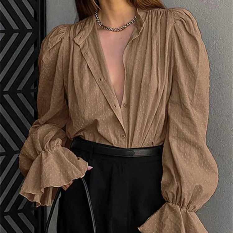 

Spring and Autumn new jacquard bubble sleeve shirt with a casual and fashionable design, suitable for commuting