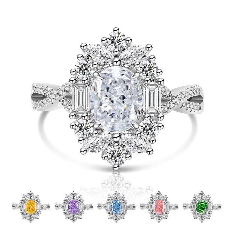 

925 Sterling Silver Gorgeous Fire High Carbon Diamond Ice Flower Cut Pigeon Egg Queen Ring Ladies Anniversary Jewelry