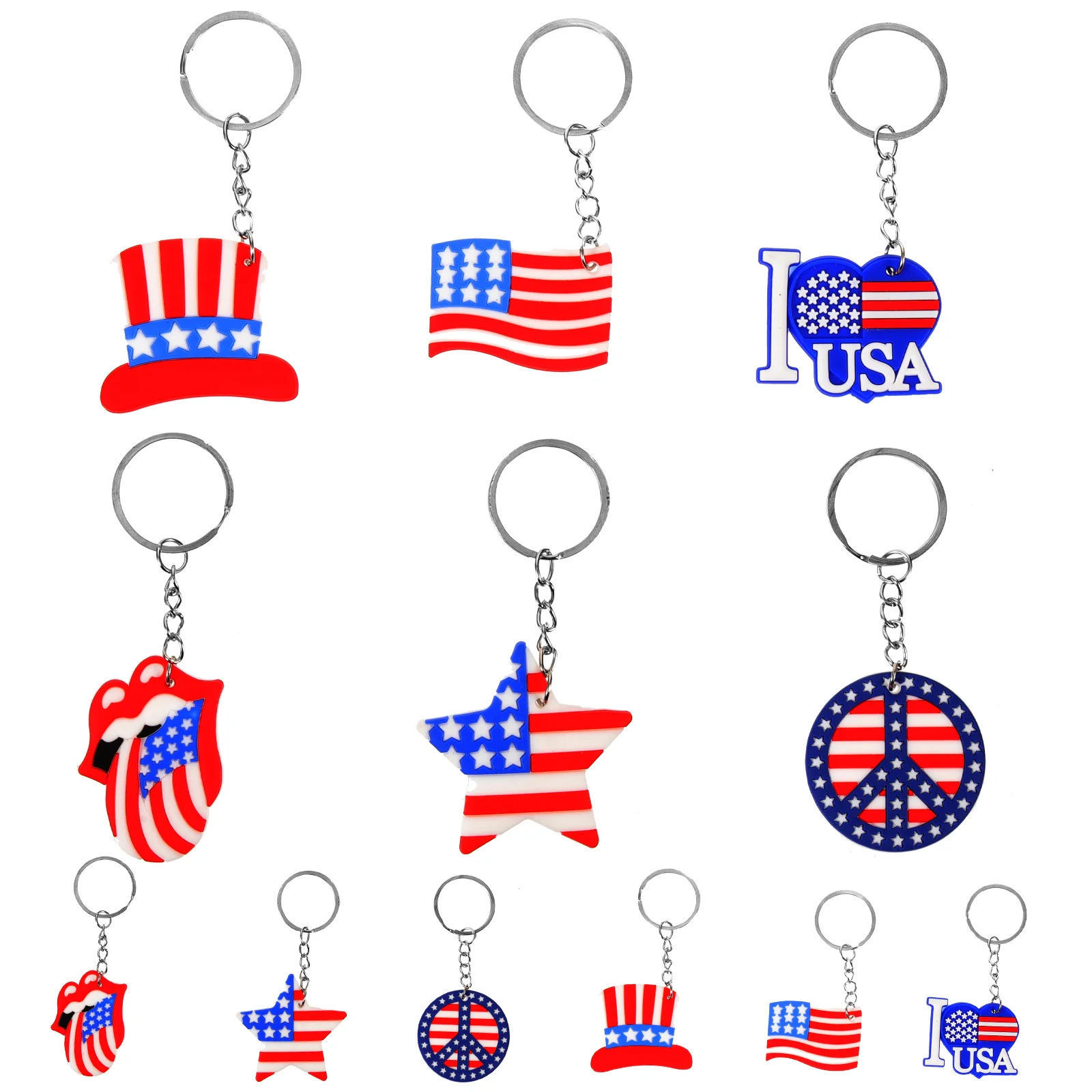 12 Pcs American Flag Keychain Independence Day Holiday Party Ornaments 12pcs Random Style Souvenir US Ring Patriotic Fob Metal