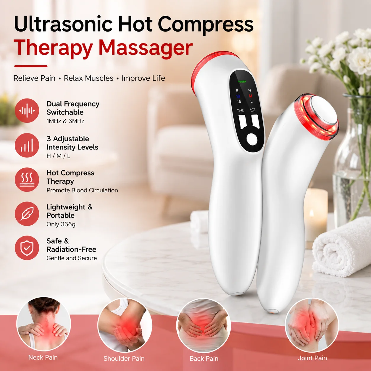 Dual Frequency Ultrasonic Massager 1MHz 3MHz Body Therapy Device Heat Compress Muscle Relaxation Pain Relief Home Beauty Care To