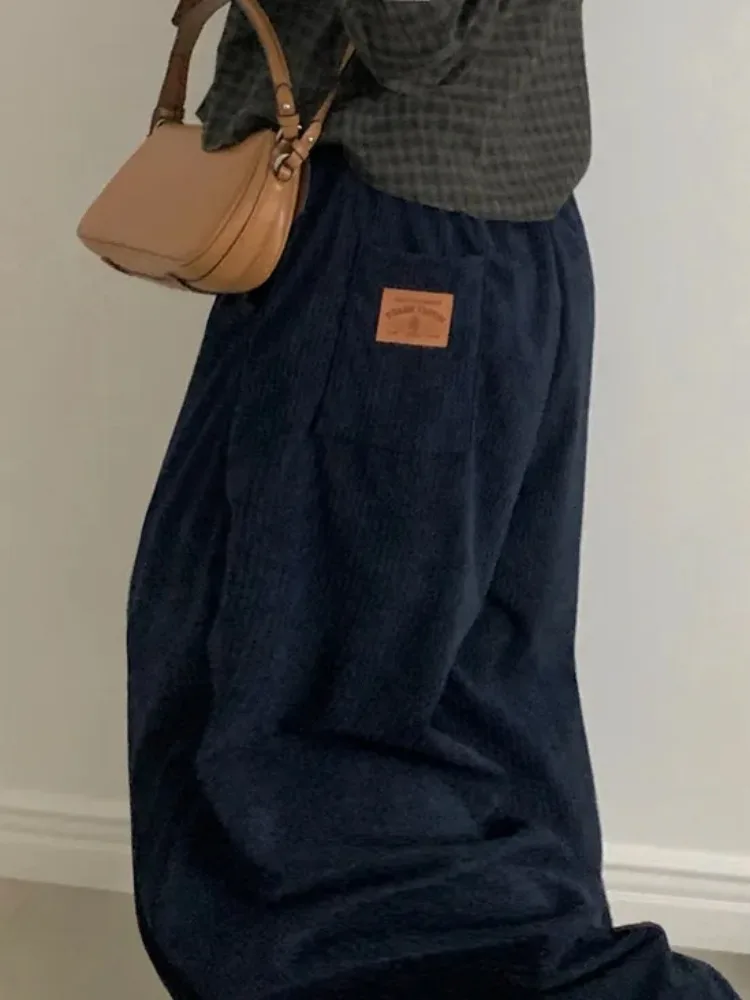 レトロなパーソナライズされたバケットラベルコーデュロイ伸縮性ウエストワイドレッグパンツ女性のカジュアルパンツ冬の新作