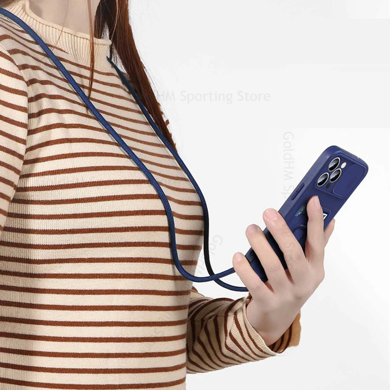 Soft Silicone Necklace Strap Phone Case For iPhone 17 Pro Max Slide Camera Magnetic Ring Stand Cover For Apple 17 Air 16 Pro Max