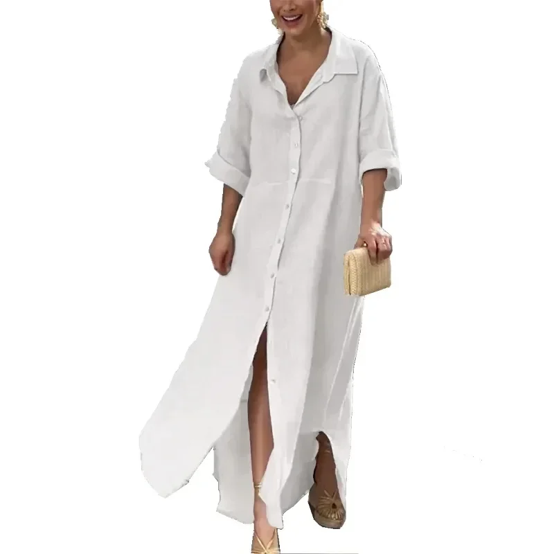 Spring/Summer Women\'s Oversized Loose Cotton Dress Solid Color Lapel Short Sleeved Casual Dress Button Slit Loose Long Dress