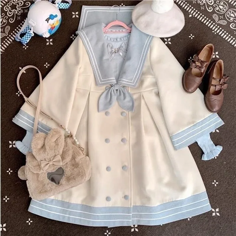 Japanese Girl College Style Stitching Woolen Coat Lolita Navy Collar Mid-length Cute All-match Woolen Coat Kawaii Winter Coat