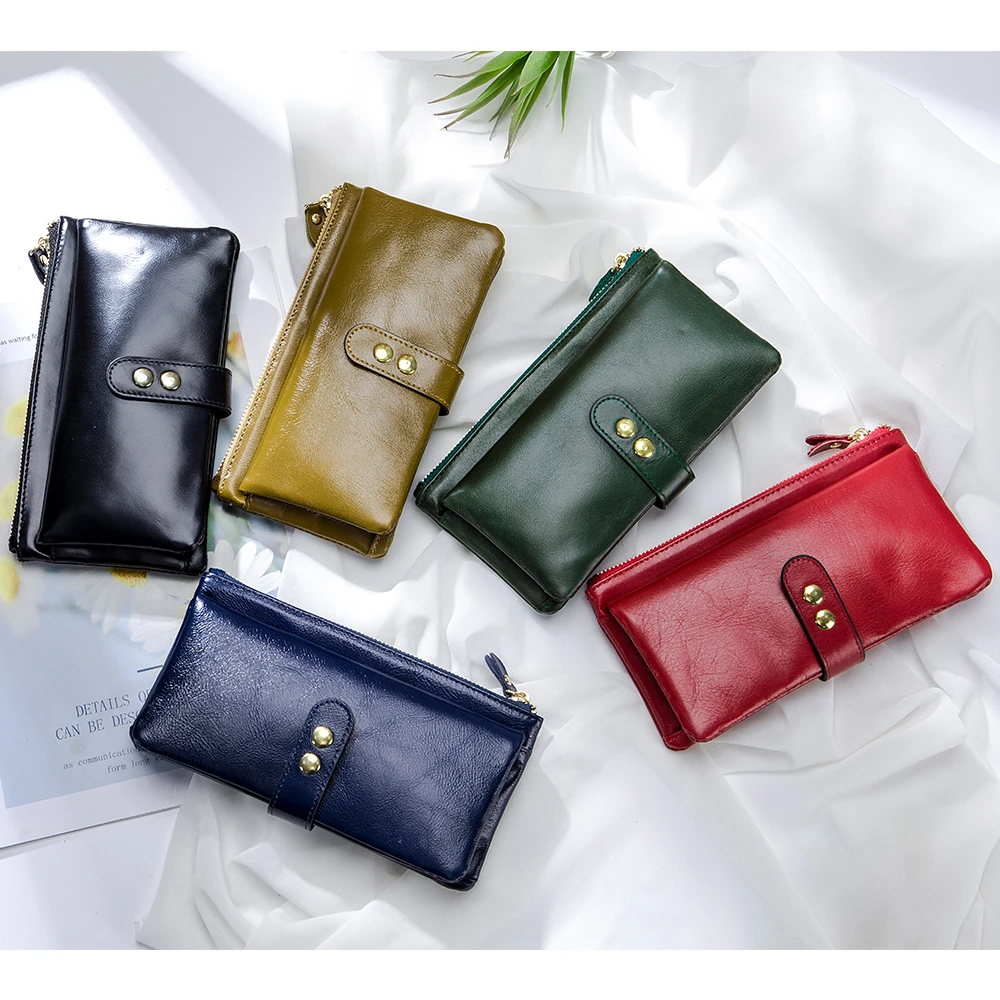 Vintage Oil Wax Leather Long Wallet Women's Genuine Leather Multi Card Card Bag Cowhide Multi Function Wallet Mobile Case