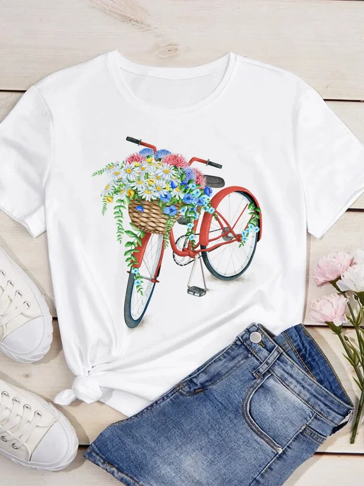 Women Fashion Casual Tops Flower Bicycle Print T-Shirt Women T Shirt O Neck Short Sleeve Tees Summer Woman Tshirts