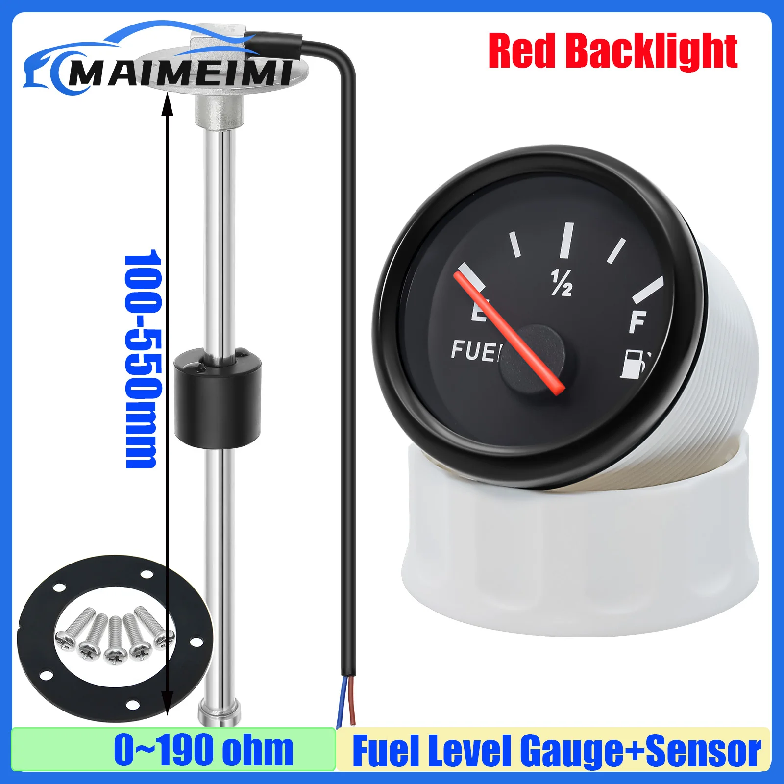 MAIMEIMI Red 52mm Fuel Level Gauge 0-190 OHM 100-550mm Steel Fuel Level Sensor Oil Tank Level Indicator Meter for Boat 12V24V