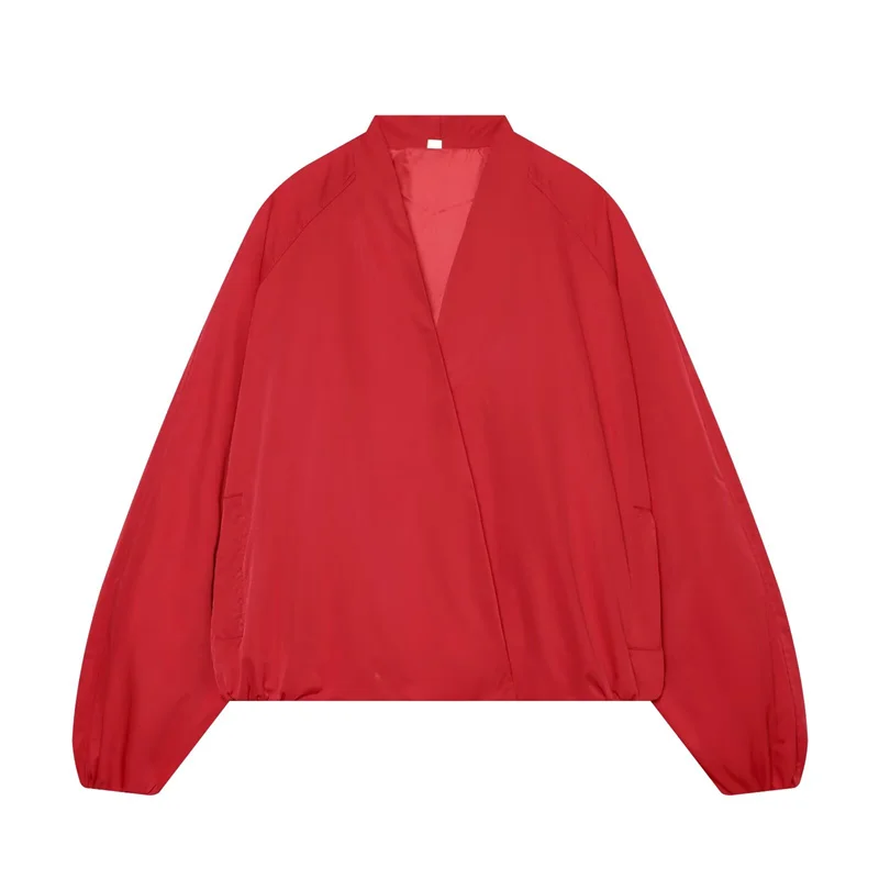 2026 New Women's Red V-Neck Cross-Front Cropped Flight Jacket, Stand Collar Long-Sleeve Loose Top