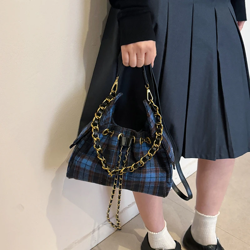 Fashionable Plaid Pattern Handbag Ladies Metal Chains Shoulder Bag New Design Multi Pocket High Quality Women's Crossbody Bags