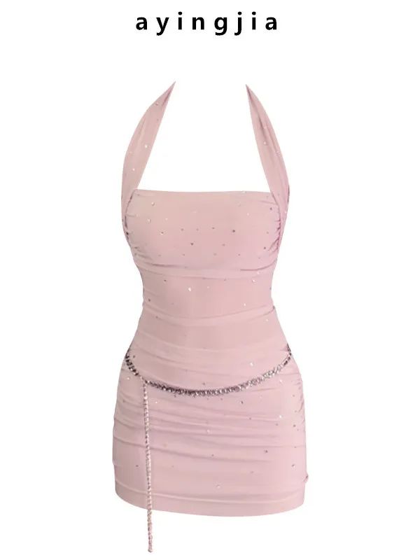 

Pure Desire Pink Women's Crop Top And High Waist A-Line ort Skirt Two-Piece Set with Chest Pad And Rhinestone Ne Strap