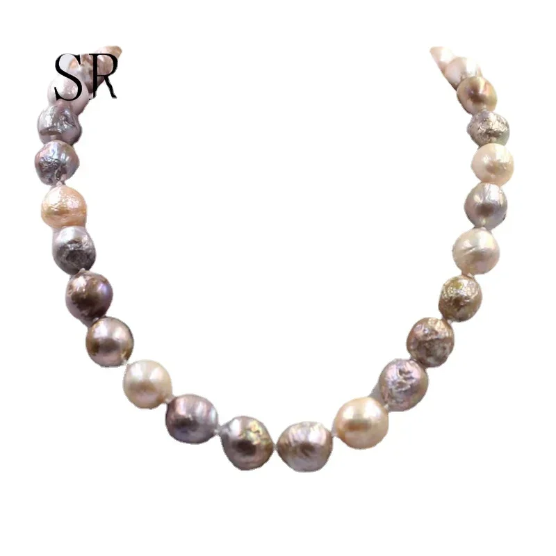 

12-14mm Women Jewelry Nearly Knot Round Reborn Edsion Freshwater Big Pearl Necklace 18"