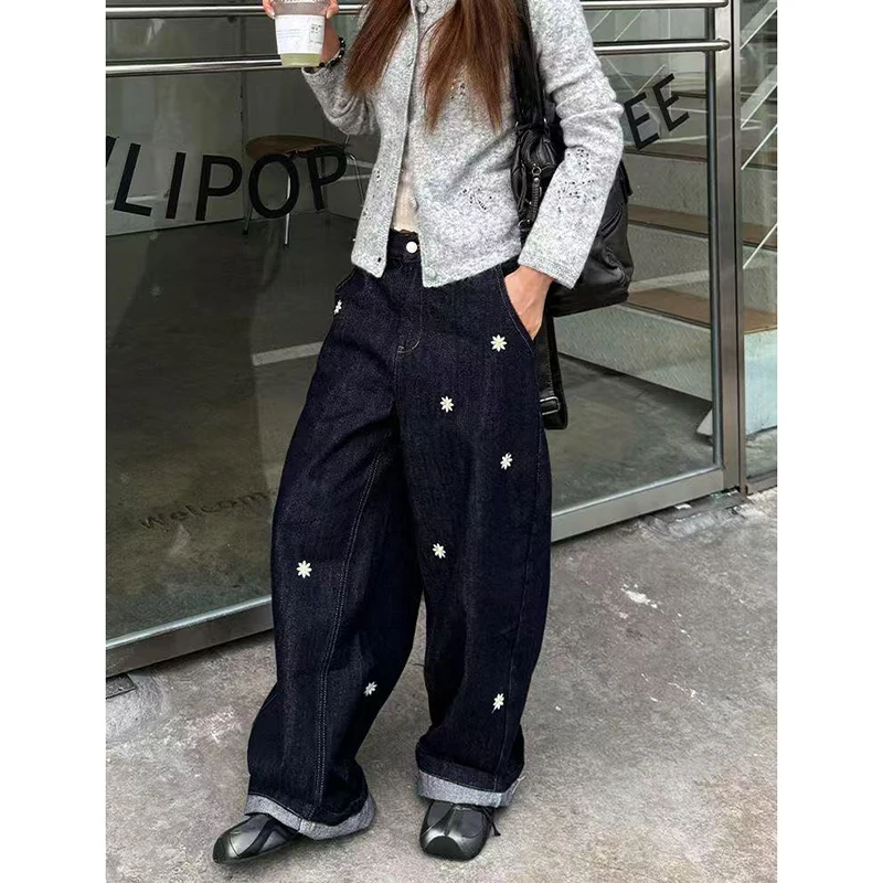 

Женские винтажные уличные джинсы-карго с вышивкой Harajuku Y2K, широкие мешковатые джинсовые брюки 2000-х годов, эстетические свободные брюки в стиле эмо