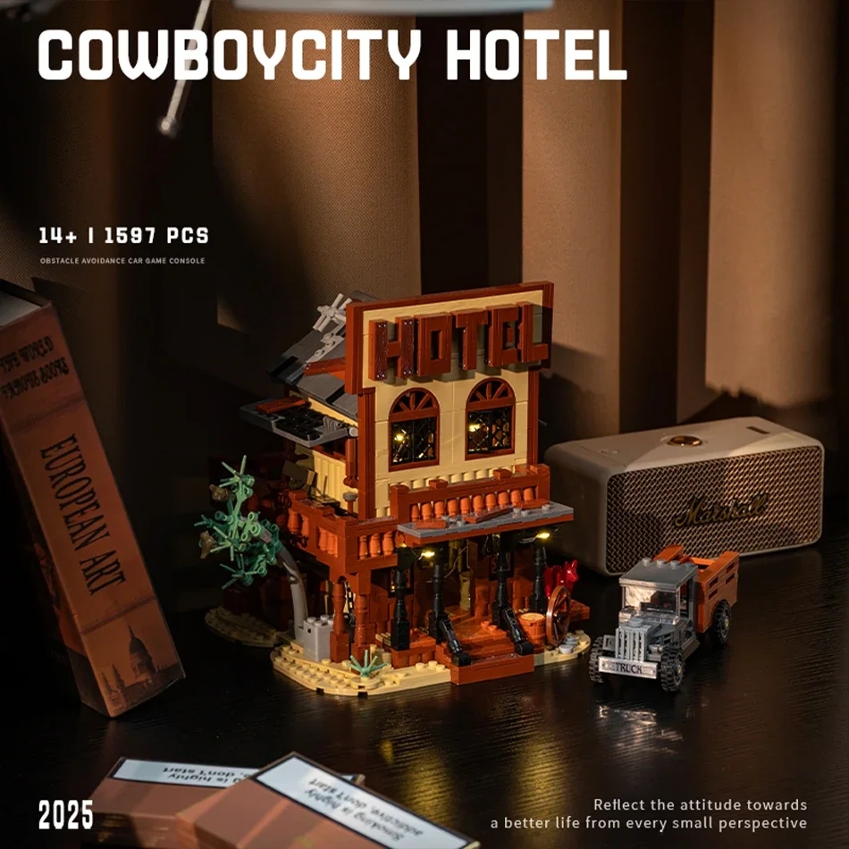 Western Cowboy City Hotel Truck Street View Building Blocks Set - MOC West Town Architecture Assembly Bricks Toy for Kids Gifts