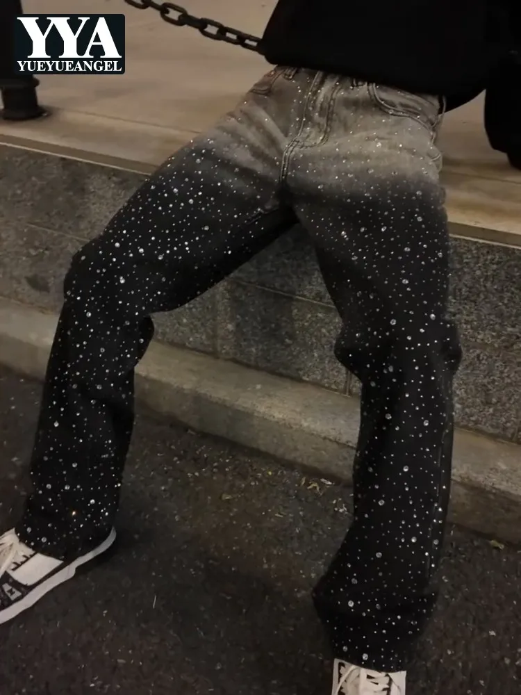 Streetwear Mens Fashion Shiny Rhinestone Denim Pants New Personality Straight Leg Jeans Button Fly Hip Hop Casual Trousers Male