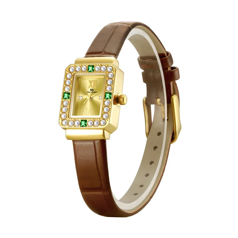 Luxury Brand Watches For Women Green Diamond And Pearls Dial Ladies Rectangle Watch Fashion Waterproof Leather Quartz Wristwatch