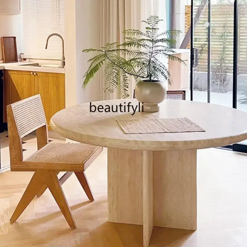 

FAWabi Sansan natural travertine round dining table designer small apartment Nordic marble large round table