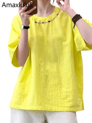 Amax LuluE 2026 Summer Womens Fashion Embroidery Hooded T-shirts Ladies Casual Loose Classic Cotton Tops Luxury O Neck Clothes