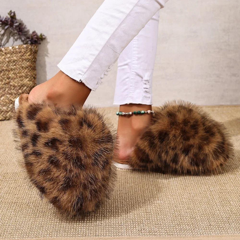 Damen Warme Hausschuhe Plüsch Leopardenfell Flauschige Pantoffeln Große Größen Geschlossene Zehenpartie Flache Sandalen Weiche Bequeme Schuhe für Frauen – Detail 31