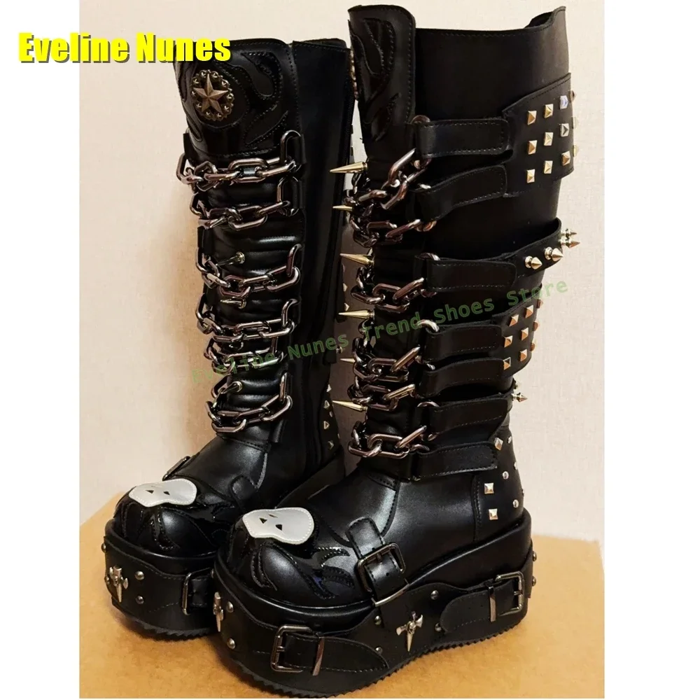 Punk Cyberpunk Motorcycle Boots Metal Chain Rivet Platform Boots Round Toe Thick Sole Belt Buckle Patchwork Heavy Work 2025 Dark