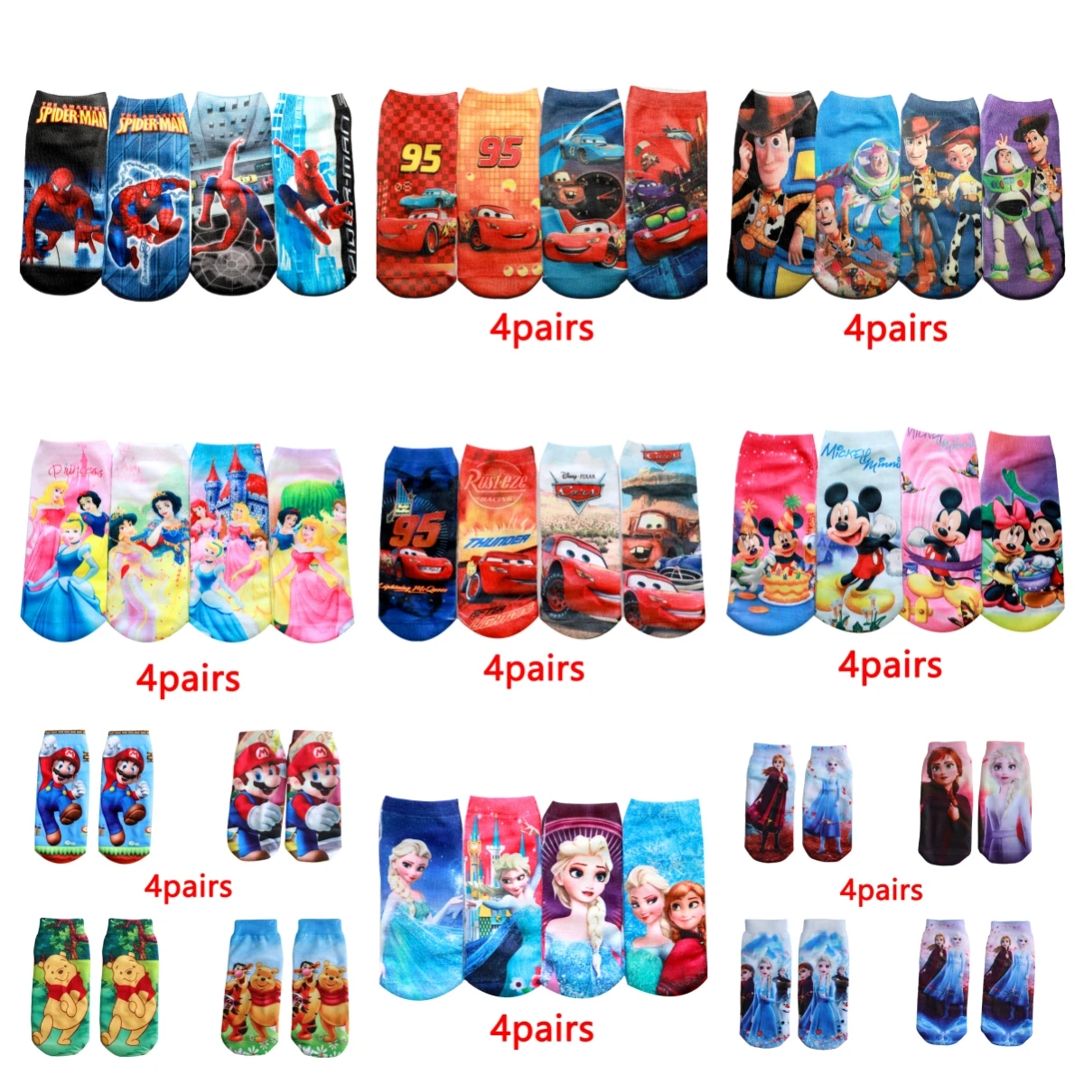 4Pair New Baby Socks Cute Spider carCartoon Soft Short Socks for Kids Elsa Anna Princess Mermaid Boat Socks for Boys Girls 2-8Y