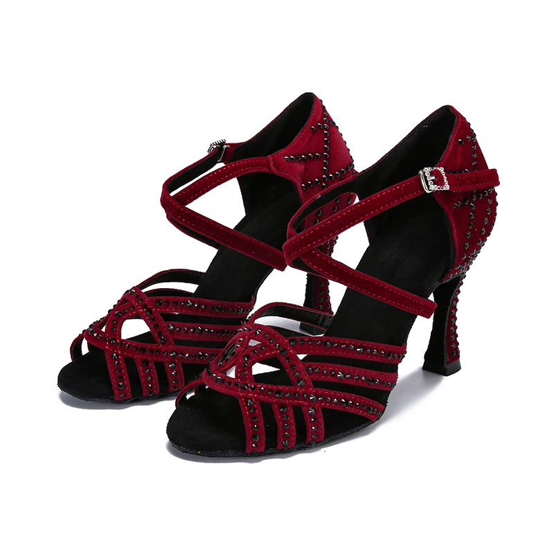 

Wedopus танцевальные туфли из искусственной замши со стразами, бальные туфли для танцев, женская обувь для латинских танцев, 9 см, винно-красный цвет