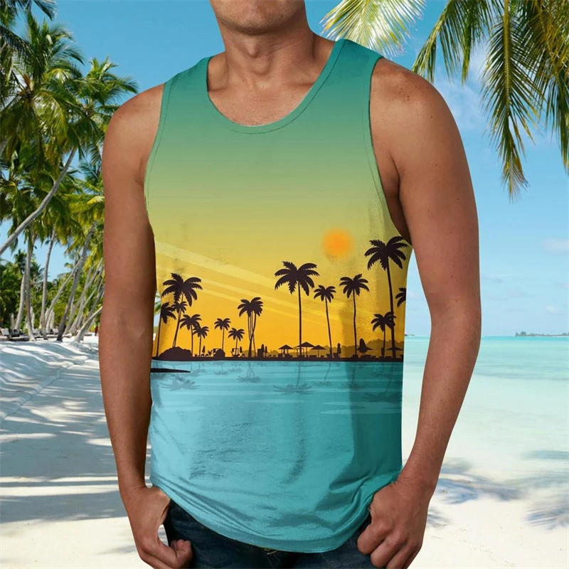 

3d Tank Tops Male Leisure Vest Coconut Tree Sunset Print Streetwear Large Size Men Spring Sleeveless Shirt Bodybuilding Vest Top