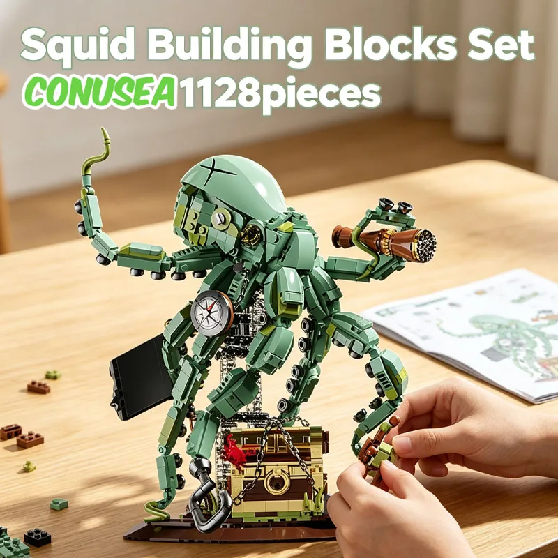 Squid Building Blocks Set Mechanical Kraken Deep Sea Predator Model with Adjustable Tentacles Treasure Chest DIY Assemble Toys