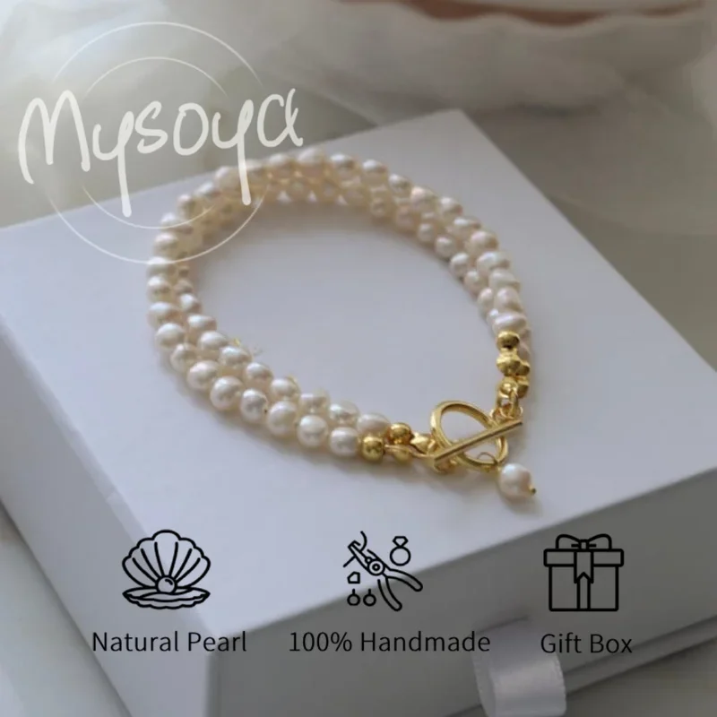 

MYSOYA 6-7mm Natural White Baroque Freshwater Pearl Double Layer Bracelet For Women And Men With Gift Box Birthday Wedding Gift