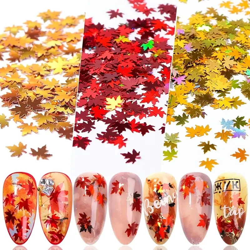 12 unids/set láser dorado colores mezclados hojas de otoño Paillettes decoración de uñas hoja de arce en forma de lentejuelas para uñas DIY manicura decoraciones brillantes *