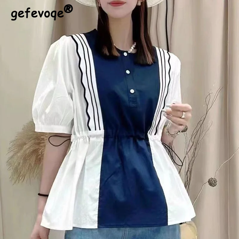 

Ruffled Patchwork Short Sleeve Drawstring Chiffon Blouse Tops Women Summer Korean Fashion Slim Fit Kawaii Loose All-match Shirts