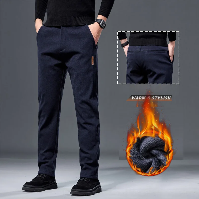 Men Winter Fleece Casual Pants Solid Color Slim Straight Warm Trousers Light Business Daily Versatile Commute Fashion Long Pants