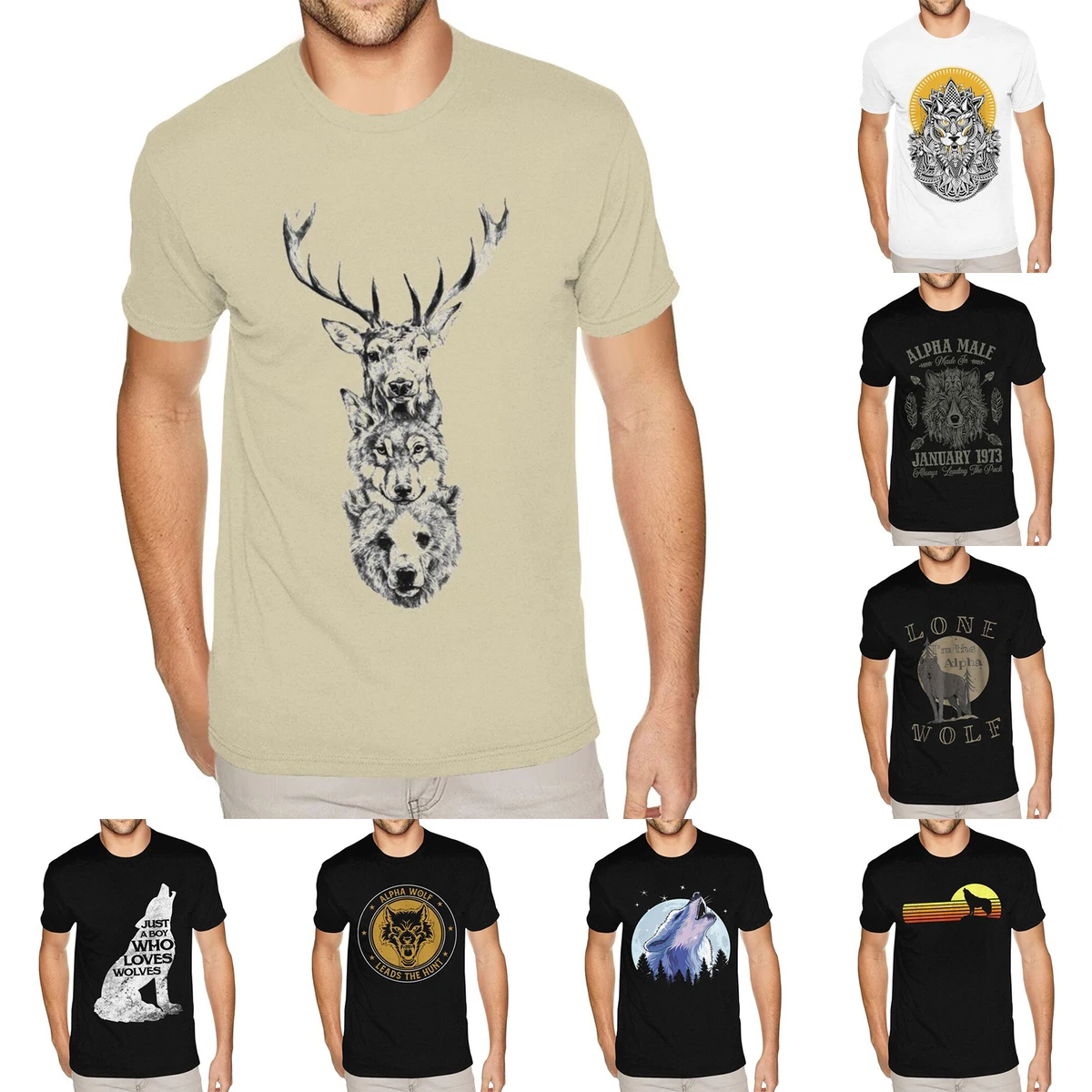 

Interesting Elk Wolf Bear Totem Photo T Shirts For mens Boyfriend Natural T-shirt
