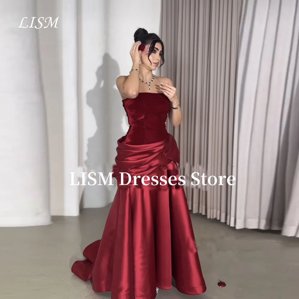 

LISM Elegant Wine Red A-Line Evening Dresses Silk Satin Strapless Floor Length Simple Prom Gowns Birthday Party Customized