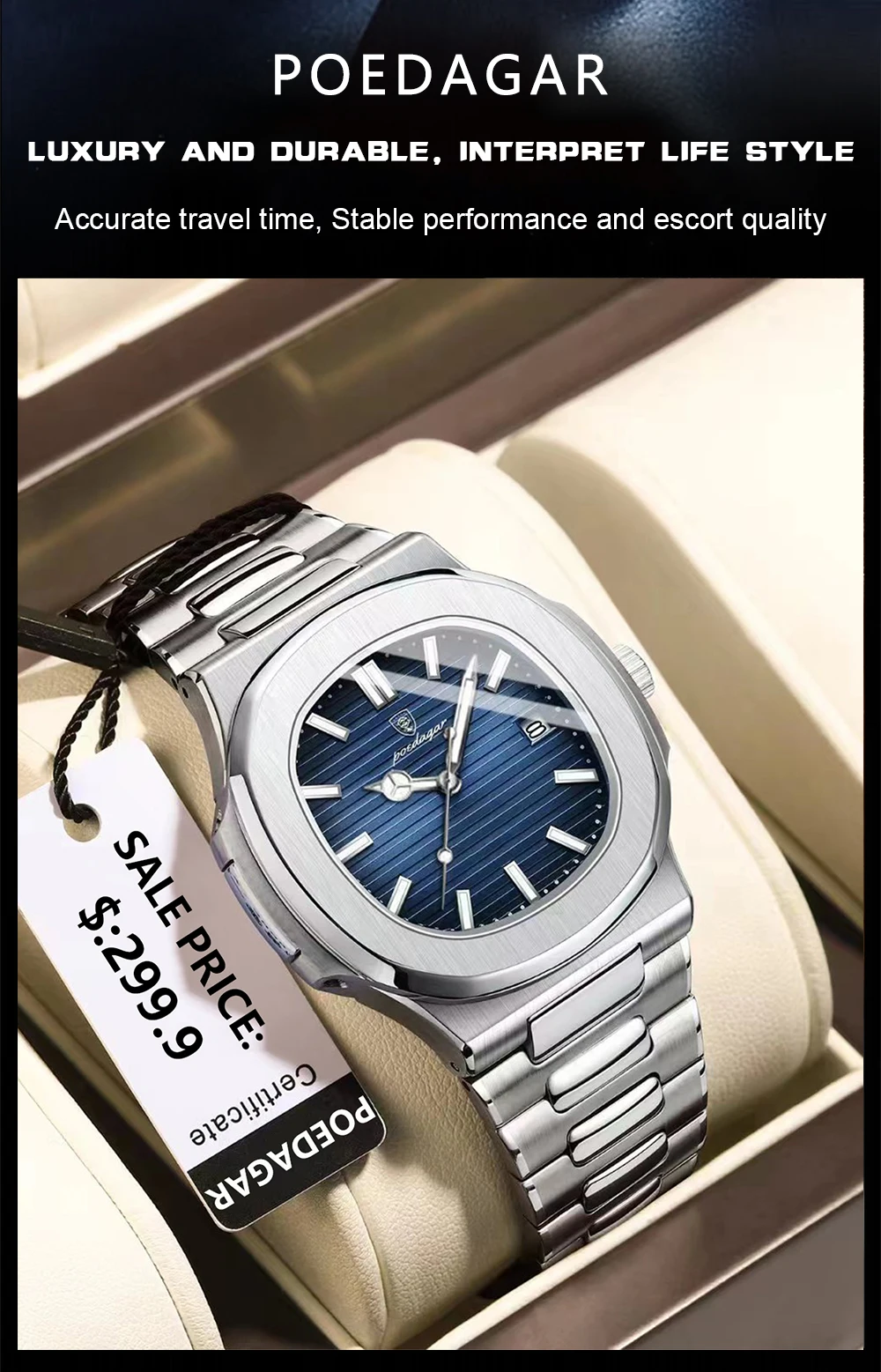 POEDAGAR Fashion Square Quarz Mann Uhr Wasserdicht Leucht Datum Edelstahl Uhren Für Männer Luxus Business Männer Armbanduhr – Detail 11