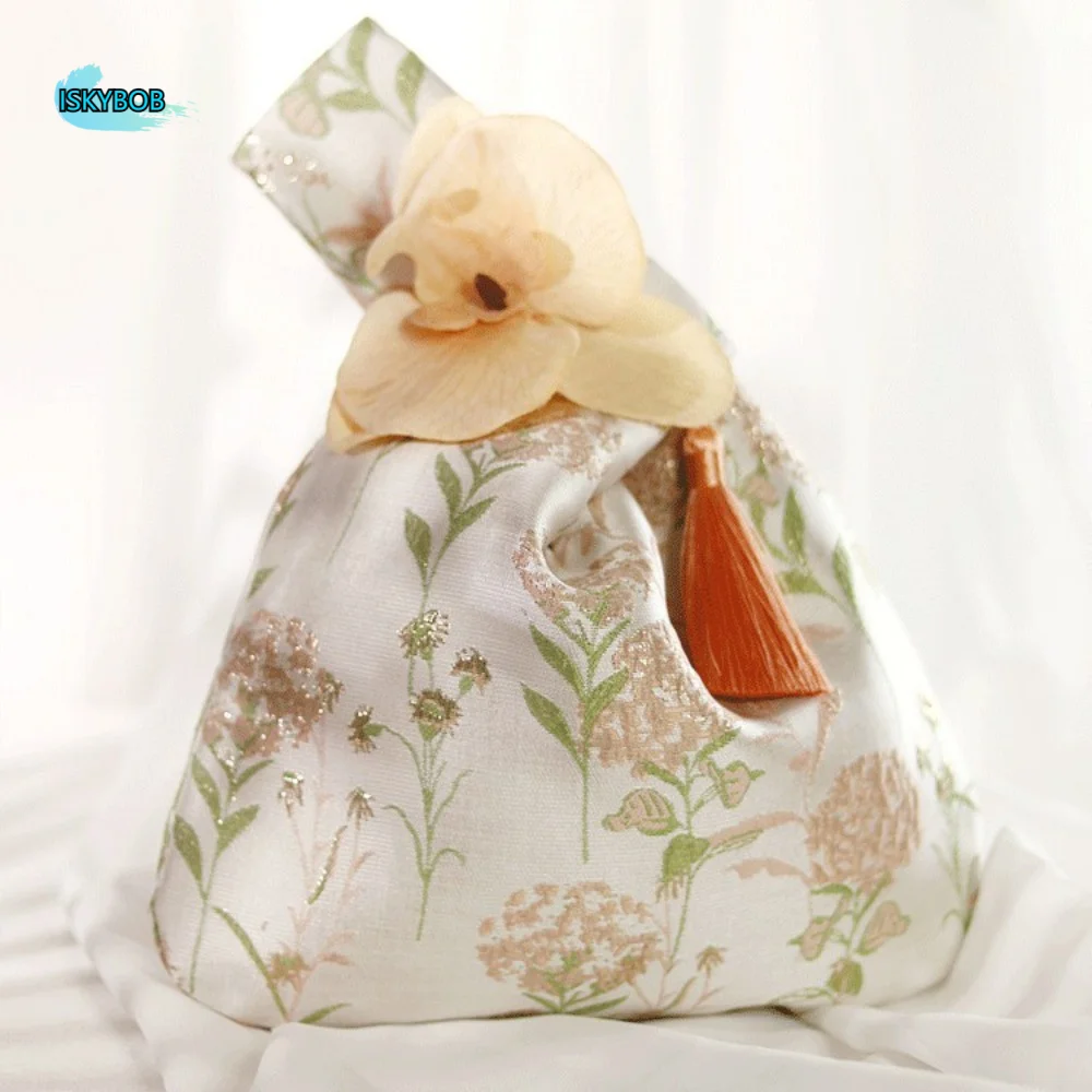 

Orchid Flower Tassel Knot Wrist Bag Printing Temperament Chinese Style Handbag Make Up Pouch Wedding Candy Bag Cosmetic Bag