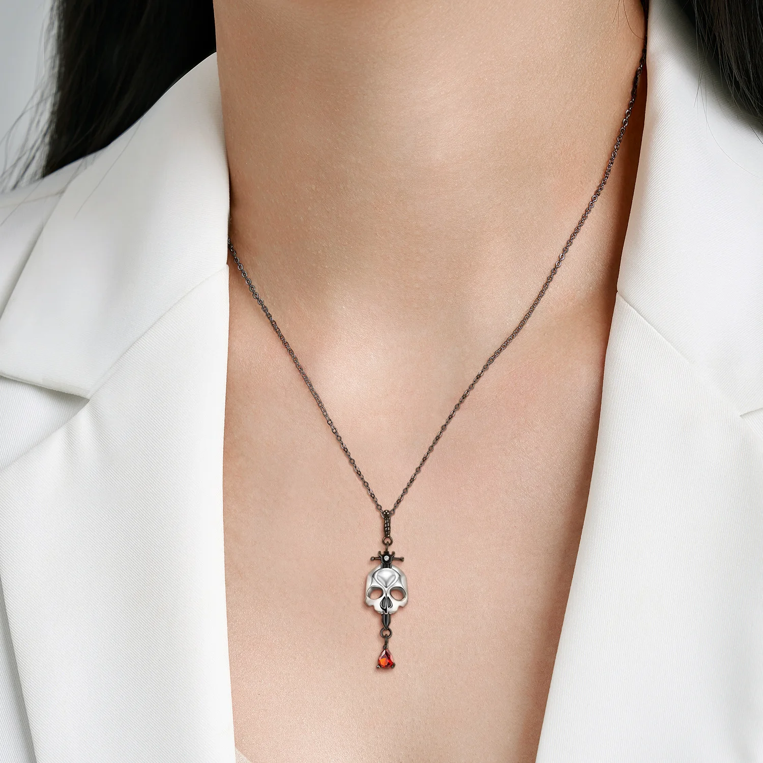 S925 Sterling Silver Dark Gothic Skull Cross Sword Pendant Necklace Lucky Protection Amulet Inlaid Red Zircon Vintage Punk Jewel