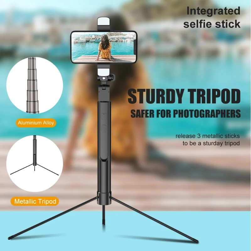 

Scalable wireless remote control mobile tripod with flash, selfie stick, and versatile photography tools, suitable for travel