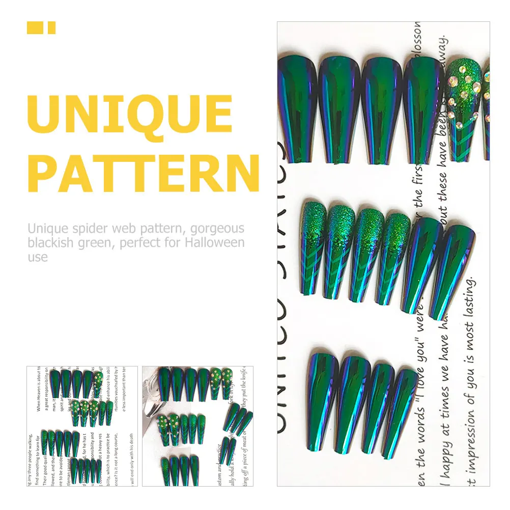 

24 Pcs Spider Nail Patches Artificial Nails Halloween Extra Long Flash for Women False with Glue